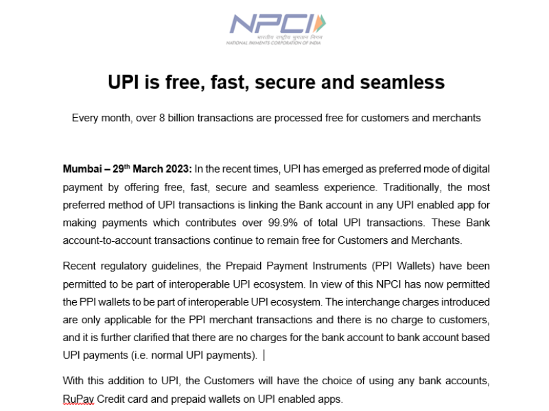 Guidelines from the NPCI regarding UPI payment from April,1 2023.